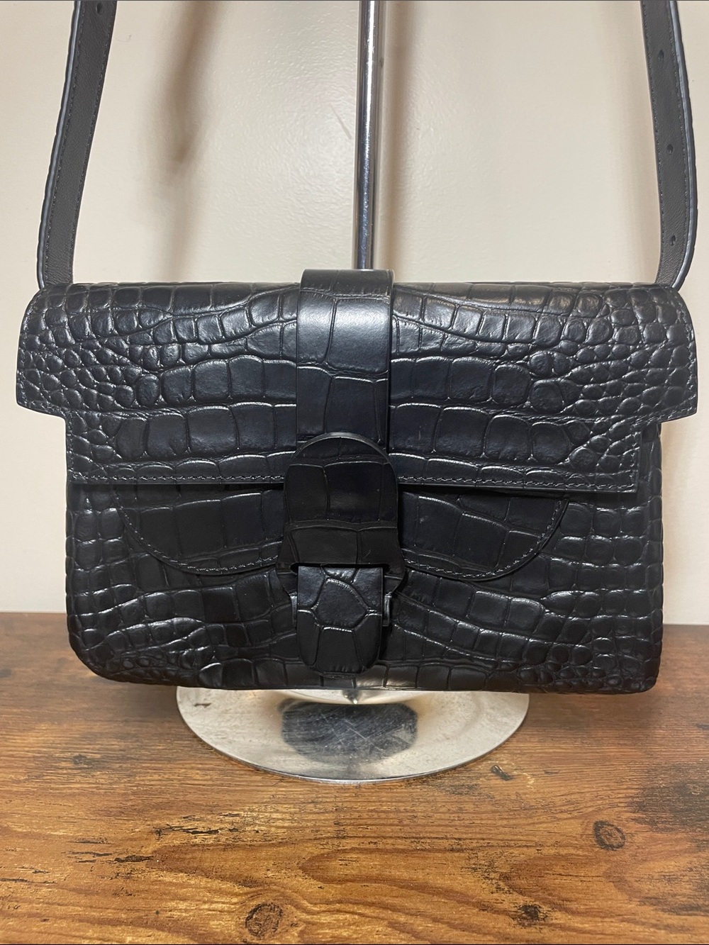 Senreve Aria Black Croc-Embossed Leather Buckle Crossbody/Belt Bag